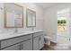 Bathroom with double vanity, gray cabinets, and a view at 1029 20Th Avenue Se Loop, Hickory, NC 28602