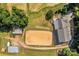 Aerial view of horse property with a barn and riding arena at 795 French Belk Rd, Mt Ulla, NC 28125