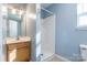 Clean bathroom with single vanity, shower, and a mirrored medicine cabinet at 842 Wilcrest Ct, York, SC 29745