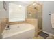 Bathroom with soaking tub and walk-in shower at 12401 Olde Mill Stream Ct, Charlotte, NC 28277