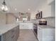 Modern kitchen with gray and white cabinets, stainless appliances, and modern lighting fixtures at 8690 Crestwood Dr, Mount Pleasant, NC 28124