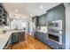 Modern kitchen with gray cabinets, stainless steel appliances, and hardwood floors at 2861 Sharon Rd, Charlotte, NC 28211