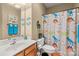 bathroom featuring a single sink vanity and fun dinosaur-themed shower curtain and decor at 9415 Rosalyn Glen Rd, Cornelius, NC 28031