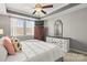 This bedroom features a tray ceiling, neutral walls, and large windows for natural light at 9415 Rosalyn Glen Rd, Cornelius, NC 28031