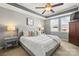 Bright main bedroom with a tray ceiling, ceiling fan, neutral decor, and carpeted floors at 9415 Rosalyn Glen Rd, Cornelius, NC 28031