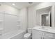 Clean bathroom with white vanity, toilet and shower/tub combo at 1608 Village Grove Ln, Monroe, NC 28110