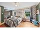 Bedroom with wood floors, patterned wallpaper, and a comfy bed at 342 Wendover Hill Ct, Charlotte, NC 28211