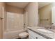 Clean bathroom featuring a shower/tub combo and granite countertop at 571 Westside Cir, China Grove, NC 28023