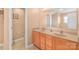 Double vanity bathroom with tan countertop and mirror at 1219 Century Dr, Clover, SC 29710