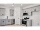 Modern kitchen featuring gray cabinets, white subway tile backsplash, and stainless steel appliances at 1715 Pope Ave, Gastonia, NC 28052