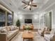 Virtually staged living room featuring beige couches and a modern coffee table at 5124 Craftsman Ridge Dr, Matthews, NC 28104