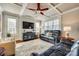 Relaxing living room with coffered ceiling,reclining sofas, and hardwood floors at 419 Williamson St, Fort Mill, SC 29715