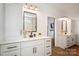 Modern bathroom with double vanity, white cabinets, and black hardware at 535 Grampian Rd, Mt Ulla, NC 28125