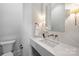 Modern powder room features a floating vanity with a quartz countertop at 2714 Selwyn Ave, Charlotte, NC 28209