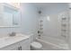 Clean bathroom with a tub, shower, and white vanity at 646 Central Nw Dr, Concord, NC 28027