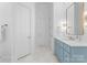 Bathroom with light blue vanity, marble flooring, and ample storage at 13505 Evening Primrose Dr, Davidson, NC 28036