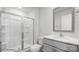 Modern bathroom with a walk-in shower and gray vanity at 1411 5Th Street Ne Dr, Hickory, NC 28601