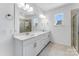 Modern bathroom with double sinks, white cabinets, and a walk-in shower at 3111 Beacon Heights Rd, Indian Land, SC 29707