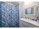 Well-lit bathroom with a single vanity sink, decorative mirror, and shark-themed shower at 2752 Peachtree Rd, Statesville, NC 28625