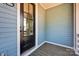 Stylish front door with glass inserts, blue siding, and a covered porch, offering a welcoming entrance to the home at 421 Delburg Mill Alley Dr, Davidson, NC 28036