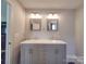 Double vanity bathroom with updated gray cabinets and lighting at 114 W Lee Ave, Bessemer City, NC 28016
