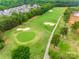 Aerial view of a lush golf course with sand traps, putting green, and tree-lined fairways in a residential community at 15298 Windward Ln, Lancaster, SC 29720
