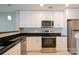 Modern kitchen with white cabinets, black countertops, and stainless steel appliances at 10841 Twisted Bark Ln, Charlotte, NC 28213