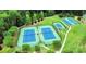 Aerial view of tennis courts and basketball court surrounded by green grass and trees at 11519 Sweet Birch Ln, Charlotte, NC 28278