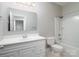 Clean bathroom, featuring a bathtub, toilet and vanity with white cabinets at 5617 Fairview Rd # 9, Charlotte, NC 28209