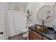 Bathroom with shower/tub combo and updated vanity at 102 Serene St, Mount Gilead, NC 27306