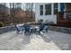 Stone patio with fire pit and four blue chairs in backyard setting at 2010 Belle Grove Dr, Marvin, NC 28173