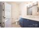 Modern bathroom with navy vanity and walk-in shower at 1214 S Kings Dr # A, Charlotte, NC 28207