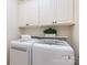 Well-organized laundry room with white cabinets and modern washer and dryer set at 6411 Aldworth Ln, Charlotte, NC 28226