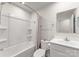 Clean bathroom with a shower/tub combo and vanity at 139 Crownpiece St, Troutman, NC 28166