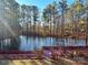 Serene backyard with a frozen pond, deck, and surrounding trees at 2044 Standing Timber Rd, Lancaster, SC 29720