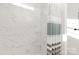 Shower with marble-look tile and a striped shower curtain at 3524 Cloninger Rd, Dallas, NC 28034