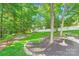 Serene backyard featuring a fire pit area, manicured landscaping, and mature trees at 4145 Wall St, Charlotte, NC 28209