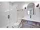 Bathroom with glass shower, patterned tile floor, and a vanity at 429 Delburg Mill Alley Dr, Davidson, NC 28036
