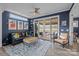 Living room with dark blue accent wall, comfy furniture, and access to the outdoor patio at 645 Honey Dew Ln, Fort Mill, SC 29715