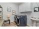 Functional laundry room with side-by-side washer and dryer, complemented by ample storage at 1076 Furnace Rd, Iron Station, NC 28080