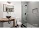Modern bathroom with a walk-in shower and live-edge sink at 219 Mock Mill Rd, Statesville, NC 28677