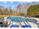 Relaxing freeform pool with patio furniture and trees in the background at 304 Forbes Ct, Clover, SC 29710