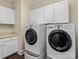 Well-equipped laundry room featuring front-loading washer and dryer with cabinets at 11052 Preservation Park Dr, Charlotte, NC 28214