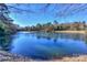 The frozen pond reflects a clear blue sky, surrounded by trees, providing a serene view at 724 Mercer Pl, Huntersville, NC 28078