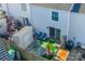 Aerial view of backyard, showing shed and patio furniture at 182 Water Oak Dr, Pineville, NC 28134