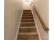 Carpeted staircase with wooden handrail at 9009 Powder Works Dr, Huntersville, NC 28078