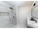 Modern bathroom with a large glass shower and floating vanity at 110 Hubbard St, Belmont, NC 28012