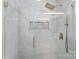 Clean shower with marble tile and gold fixtures at 110 Hubbard St, Belmont, NC 28012