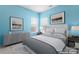 Virtually staged bedroom with gray bedding and blue walls at 11104 Fox Cove Dr, Charlotte, NC 28273