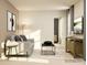 Light-filled living room with gray couch and wood accent cabinet at 1175 Blackburn Cir, Edgemoor, SC 29712